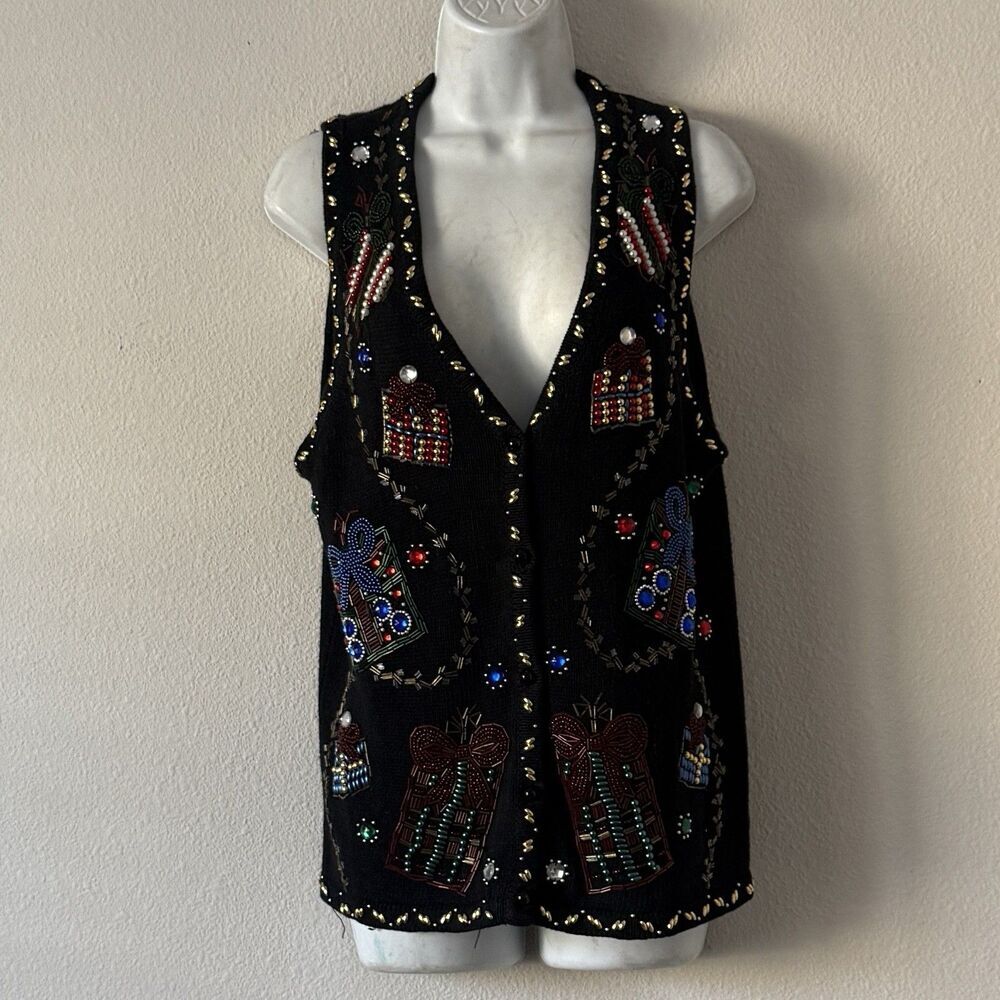Vintage Claudia D Sweater Vest Womens Size S Black Beaded Sequin Christmas